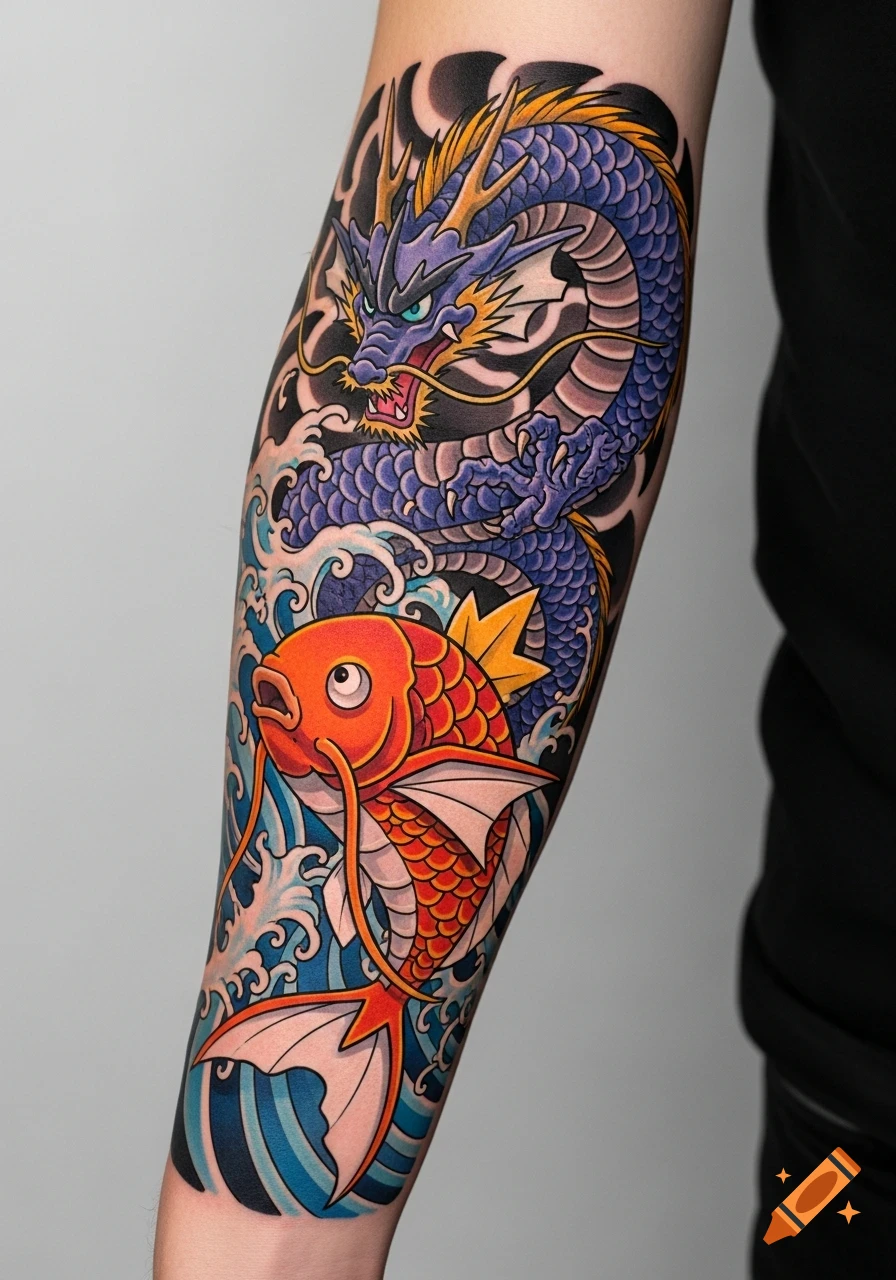 Colorful neo-traditional Japanese tattoo of a blue dragon and an orange koi fish on a forearm, with dynamic waves.