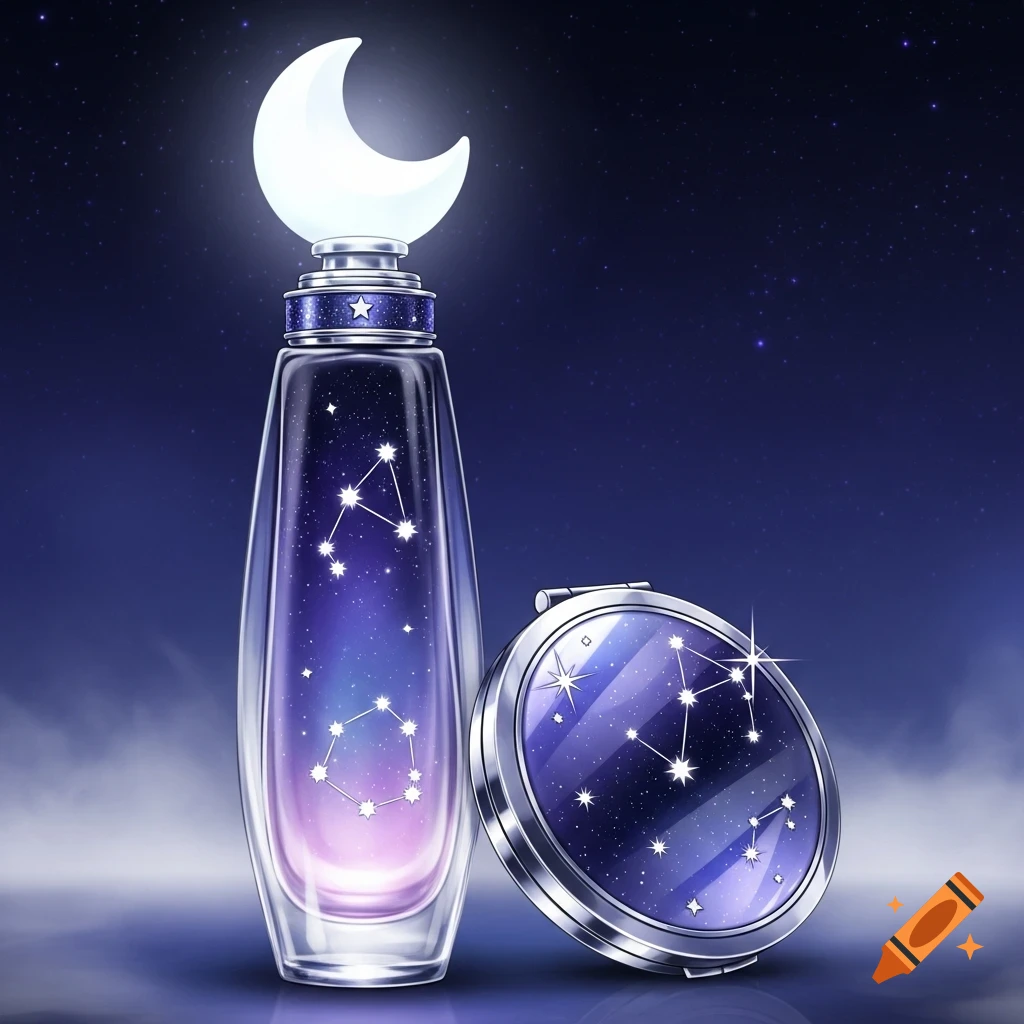 An anime-style perfume bottle with a crescent moon cap and a compact mirror, both featuring glowing constellations against a starry night sky.