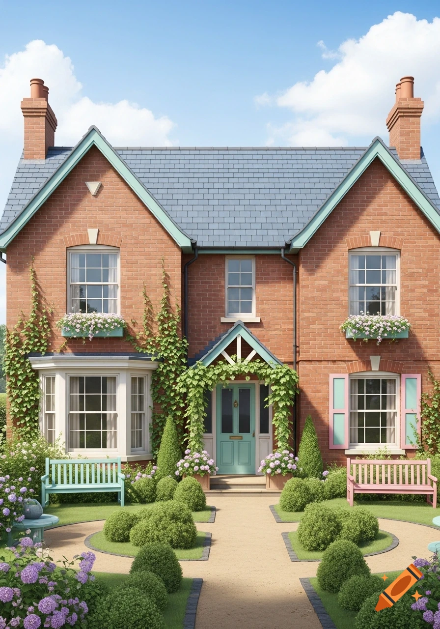 A charming brick house with a pastel teal door, window accents, and roof trim, surrounded by a manicured garden with pink and teal benches under a blue sky.