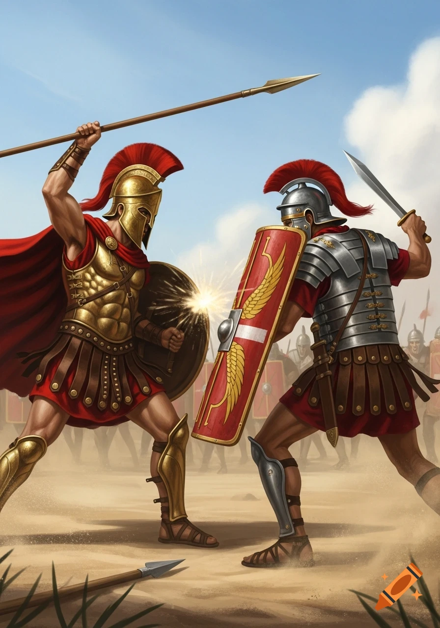 A detailed illustration of a Spartan warrior with a spear fighting a Roman Legionary with a sword and shield on a sandy battlefield.