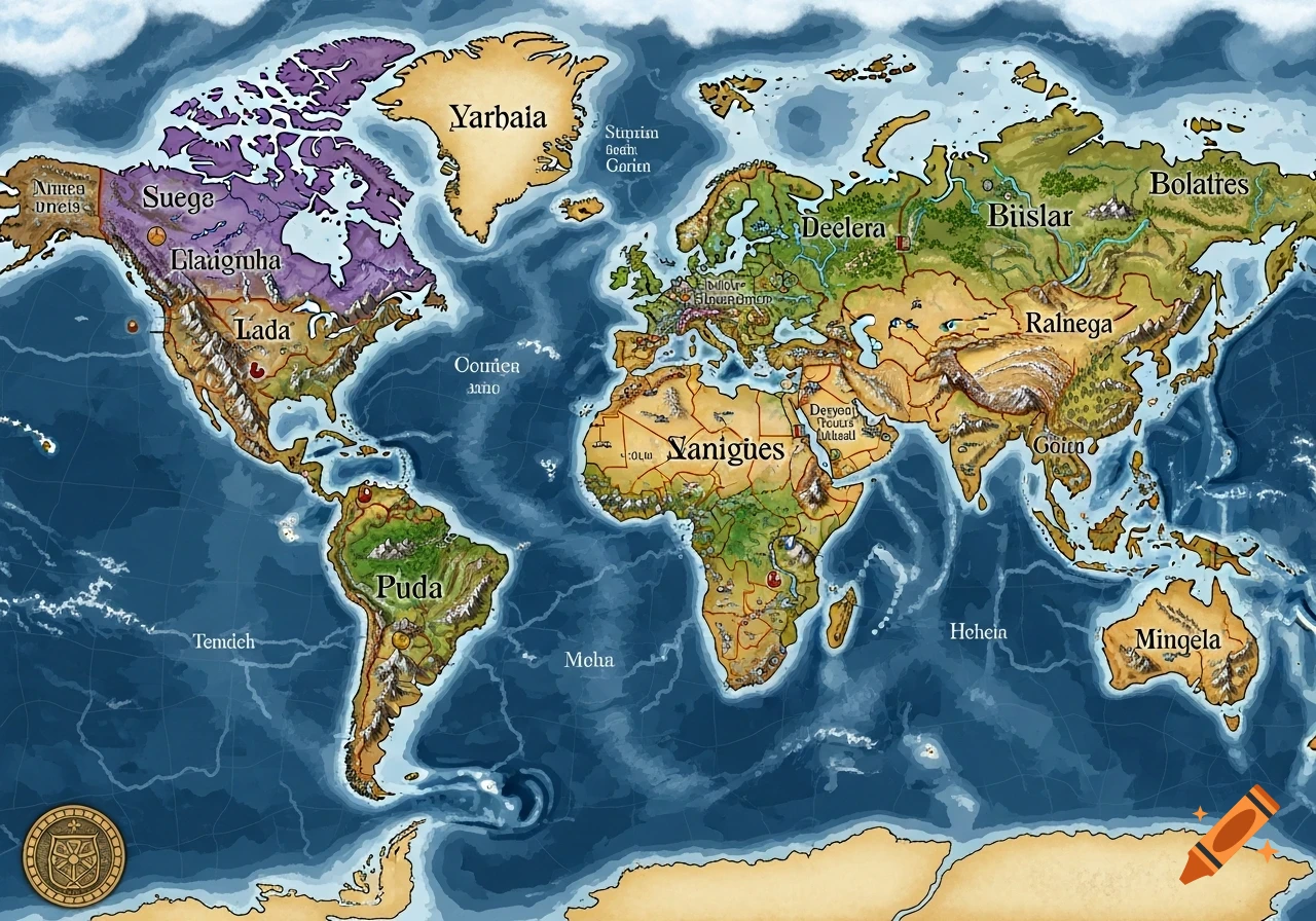 A colorful fantasy world map for a board game, with continents labeled with fictional names like Yarbaia, Yanigues, and Puda.
