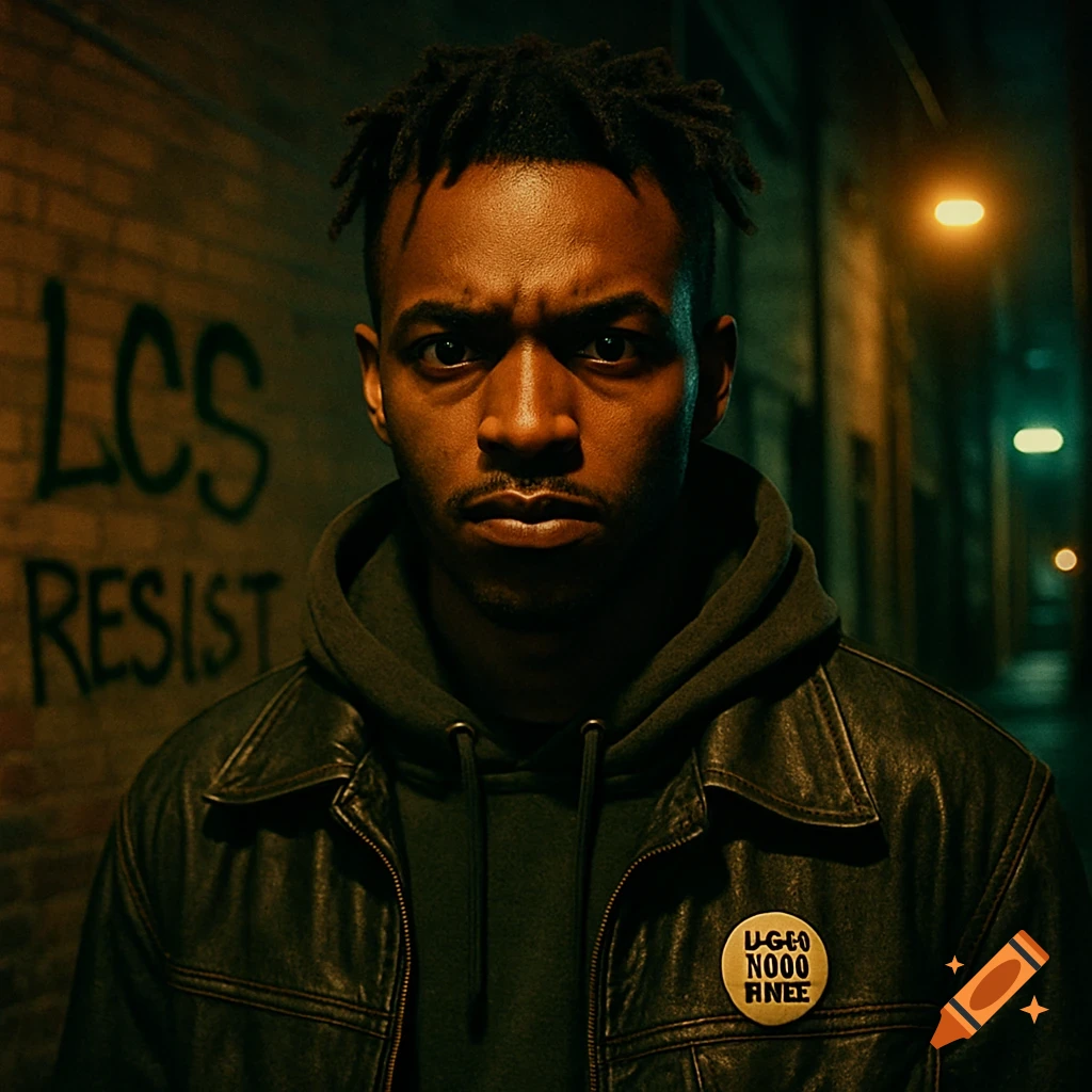 A young Black man with dreadlocks and a serious expression, wearing a leather jacket and hoodie, stands in a dark, neon-lit alleyway with "LCS Resist" graffiti on the brick wall. Photorealistic style with dramatic lighting.
