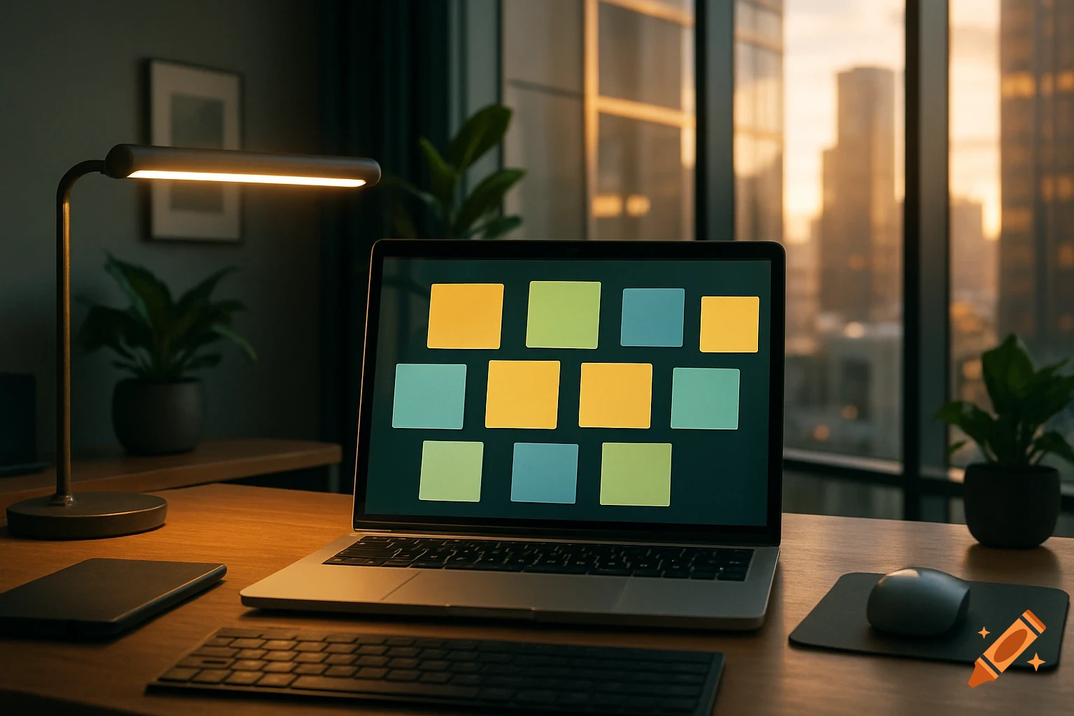 A laptop with a screen showing colorful squares sits on a wooden desk with a lamp and plants, overlooking a city at sunset.