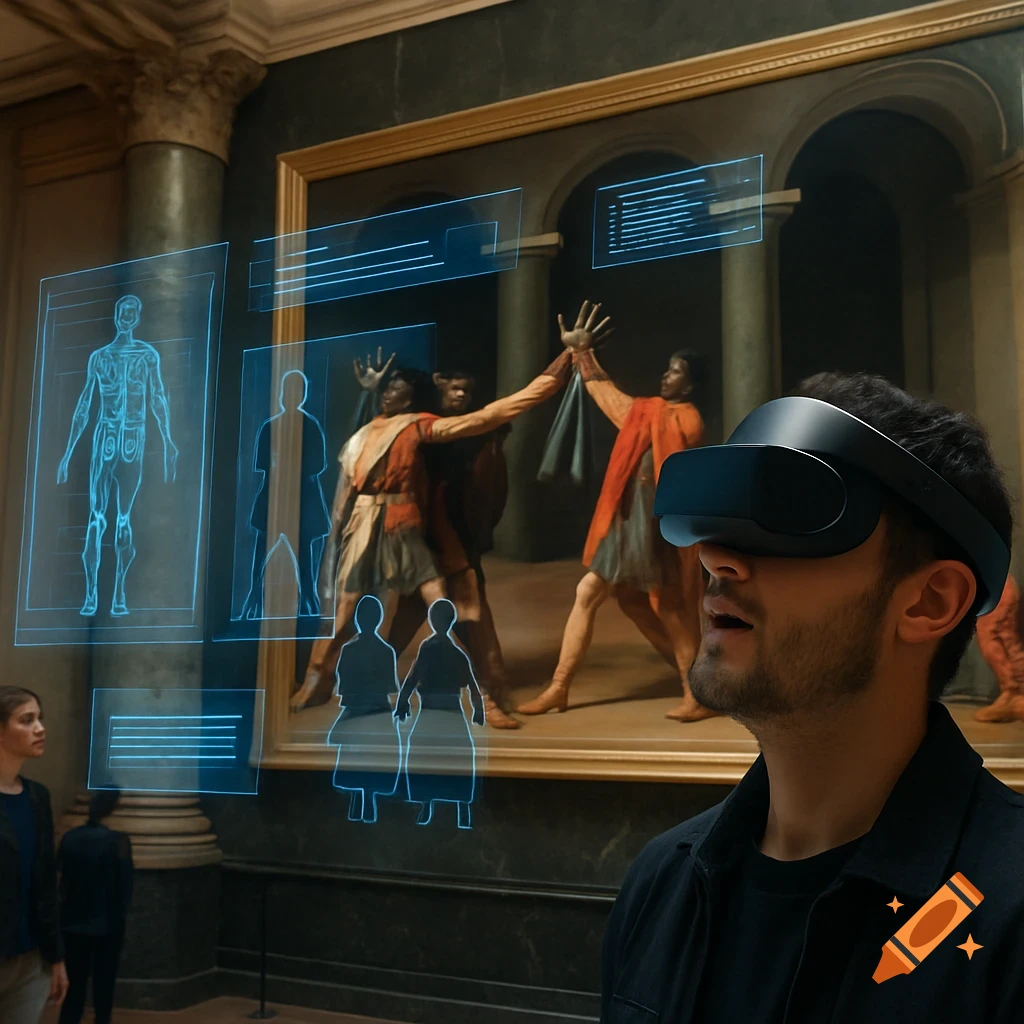 A man in a museum wears a VR headset, observing a classic painting augmented with floating blue holographic data displays, including anatomical diagrams and silhouettes.