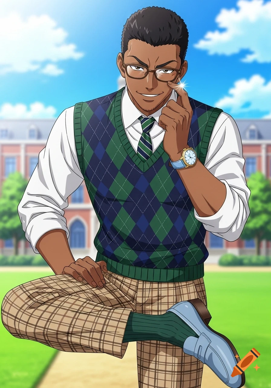 Anime-style dark-skinned preppy male in an argyle vest, plaid trousers, glasses, and loafers, smirking on a university lawn.