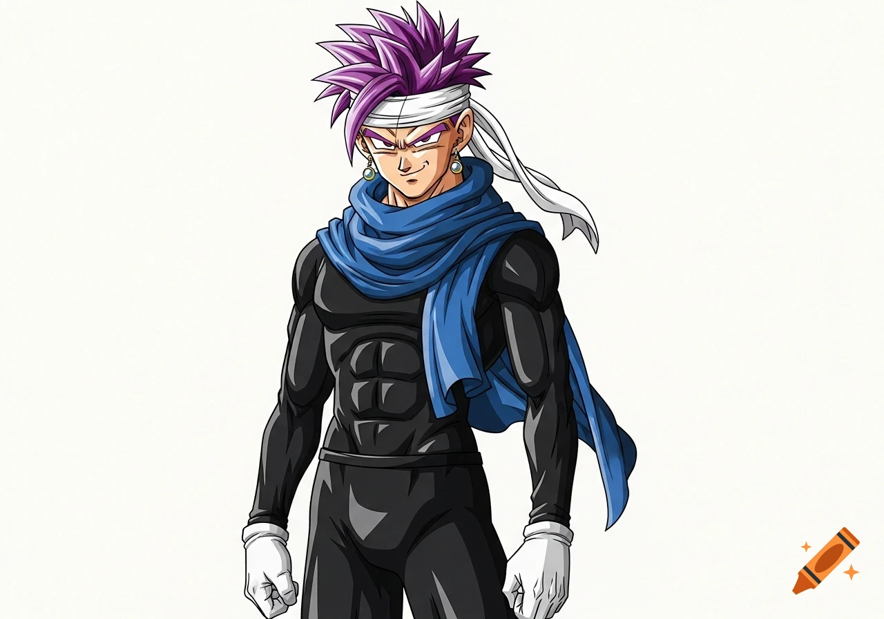Anime man with purple spiky hair, white headband, blue scarf, and black suit with white gloves.