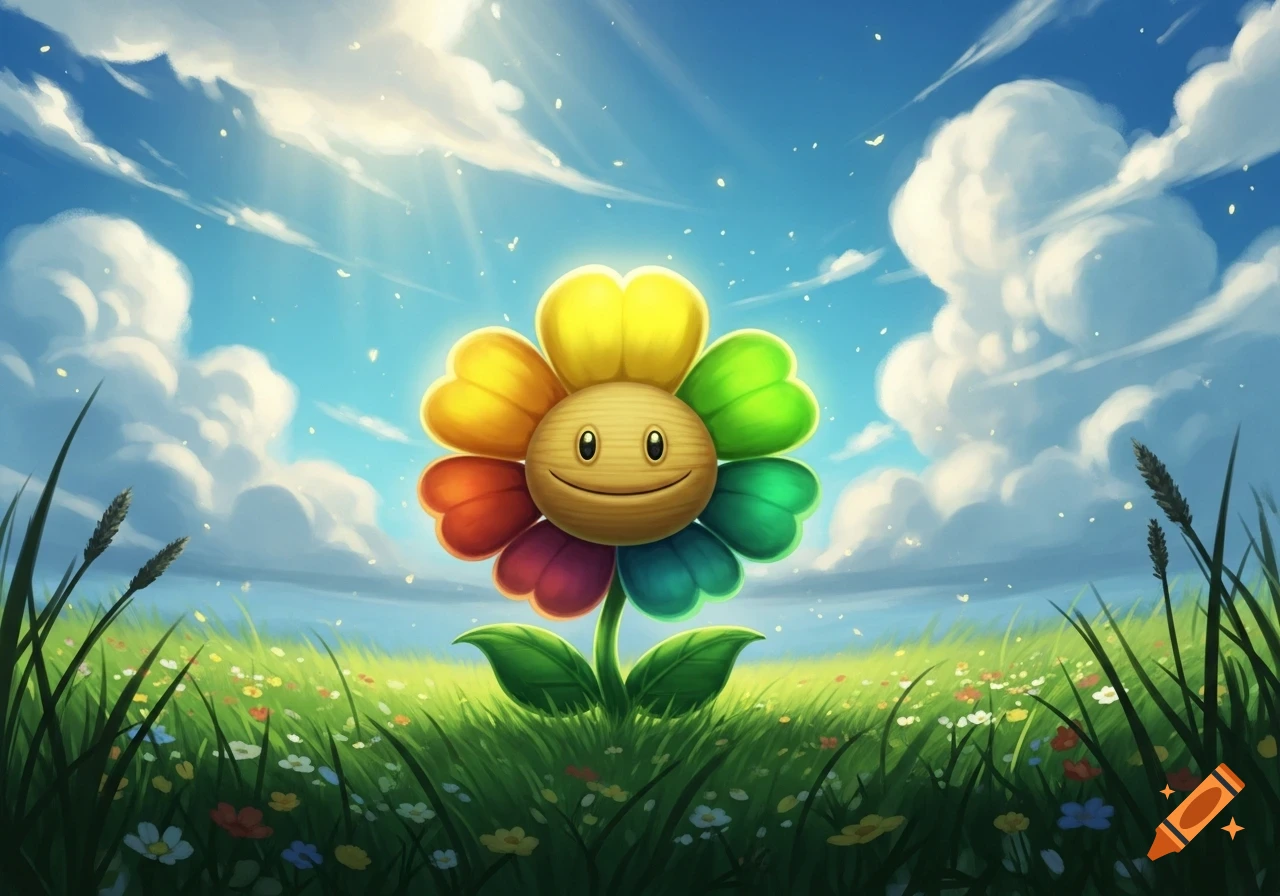 A vibrant, smiling rainbow flower stands in a lush green field under a sunny blue sky with fluffy clouds.