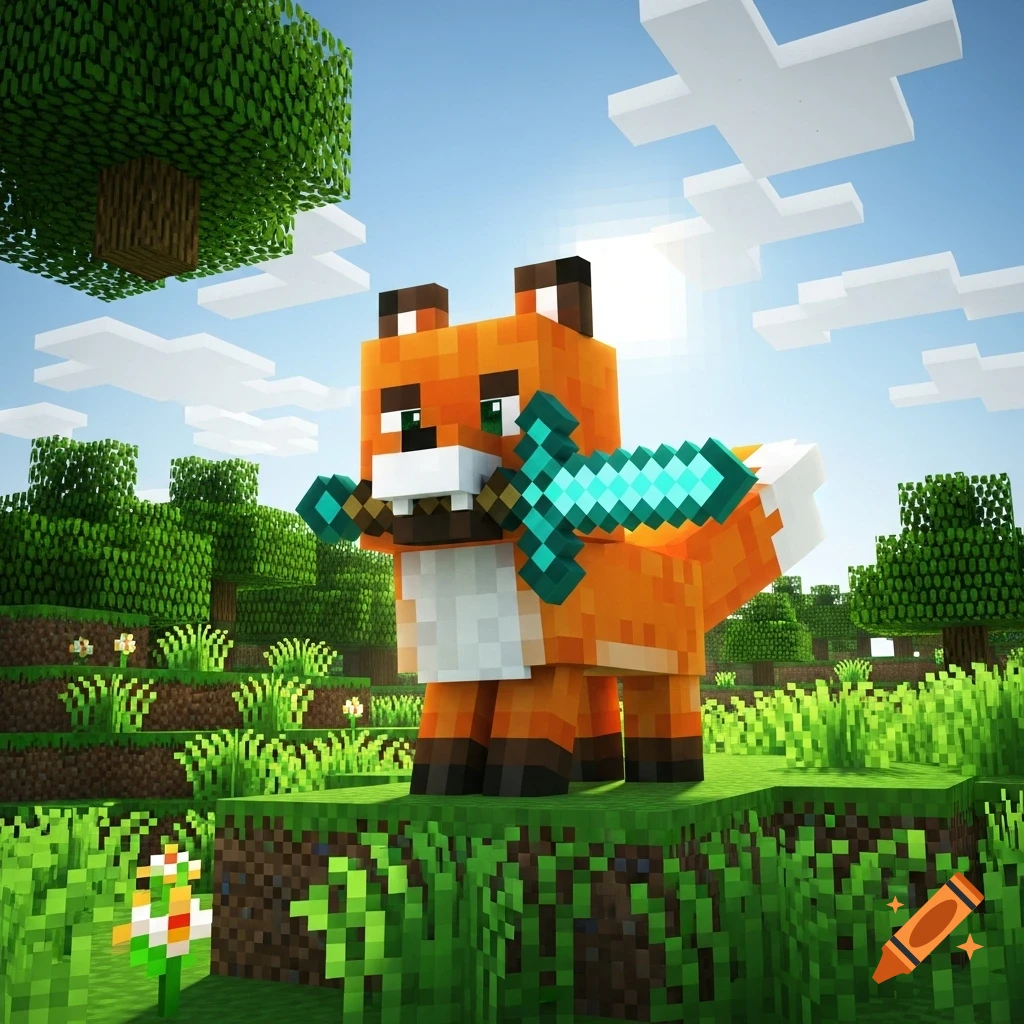 A blocky Minecraft-style fox holds a blue diamond sword in its mouth, standing on a grassy landscape under a sunny sky.