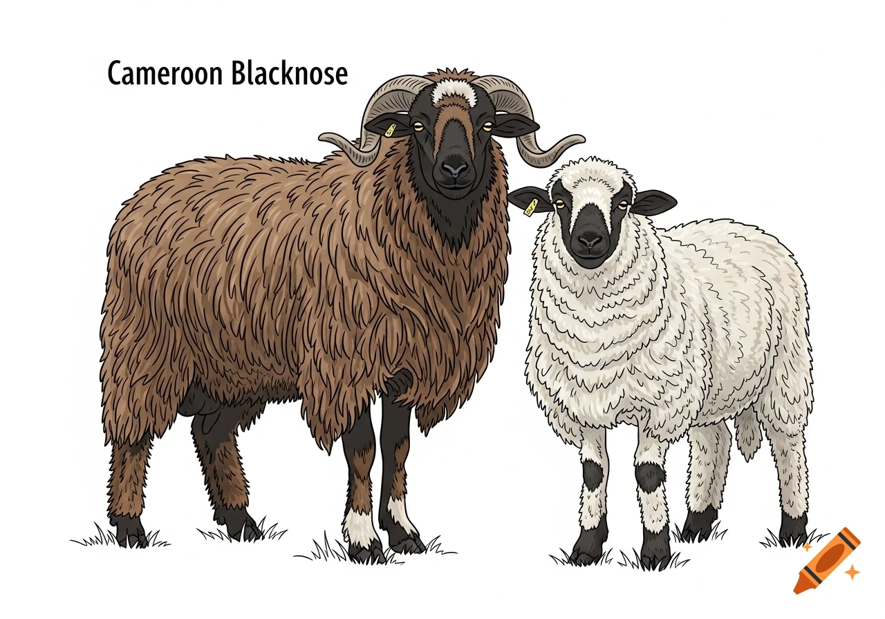 A line drawing of a brown Cameroon sheep and a white Valais Blacknose sheep standing side by side on a white background, labeled "Cameroon Blacknose".