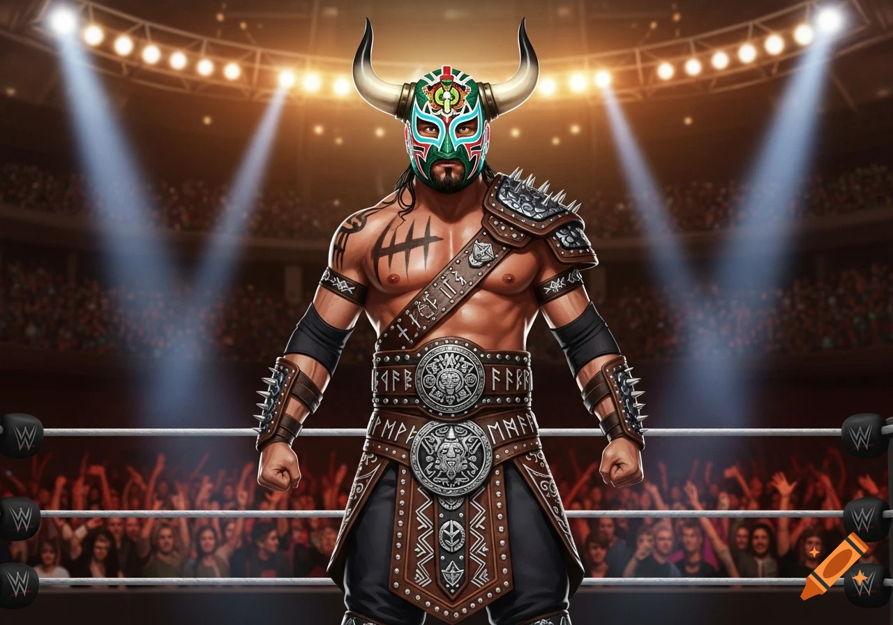 A muscular professional wrestler wearing a colorful Lucha Libre mask with Viking horns and spiked, runic armor stands in a brightly lit wrestling ring.