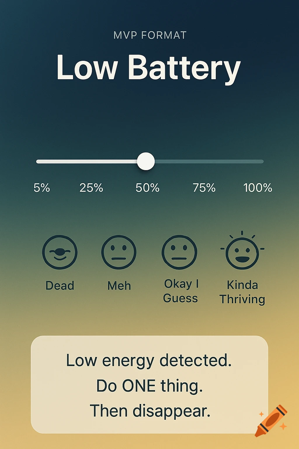 Mobile app UI 'Low Battery' screen with energy slider (5-100%), mood buttons ('Dead', 'Kinda Thriving'), and message 'Low energy detected.'