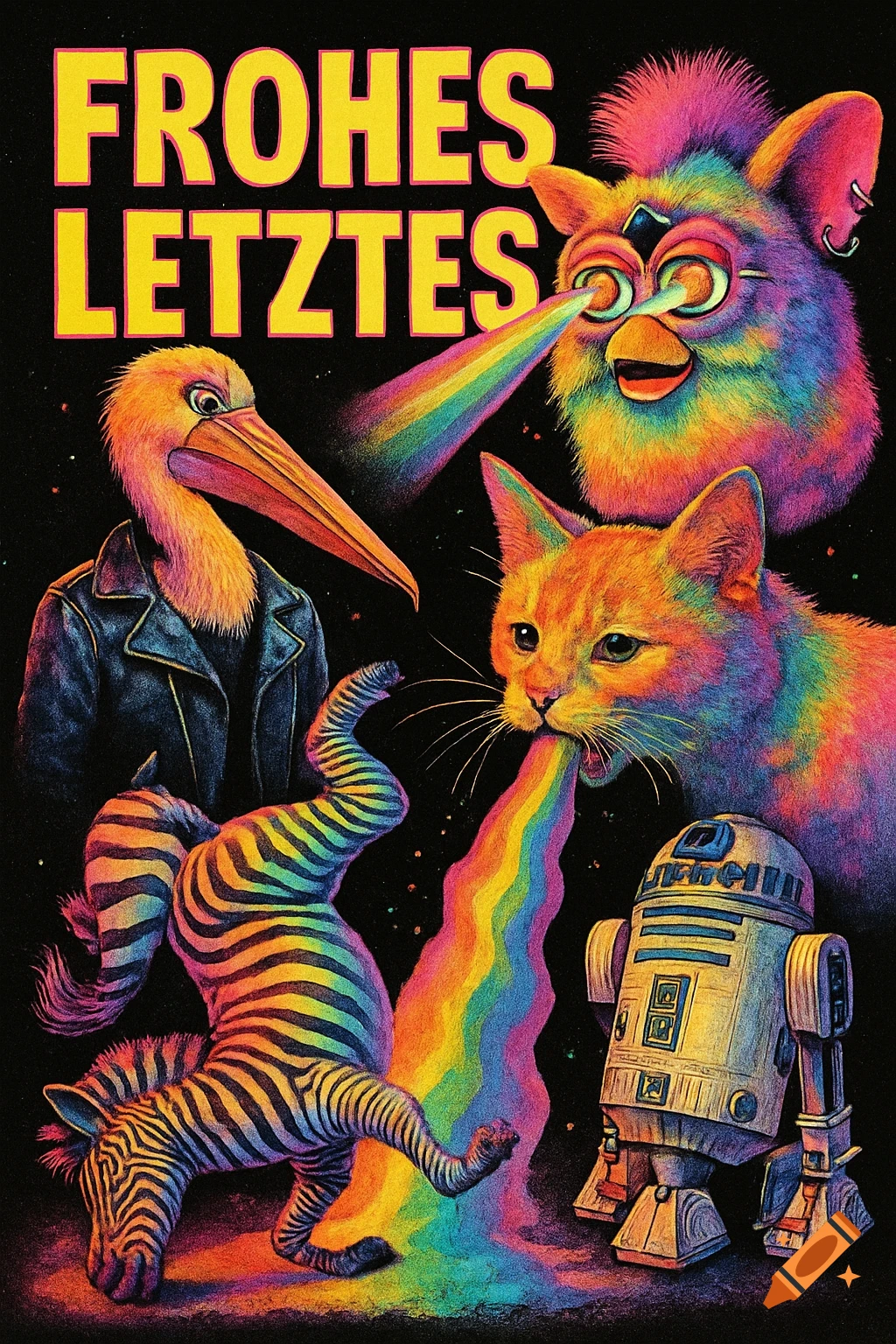 A psychedelic collage with 'FROHES LETZTES' text, featuring a punk pelican, rainbow-laser Furby, rainbow-vomiting cat, breakdancing zebra, and R2D2.