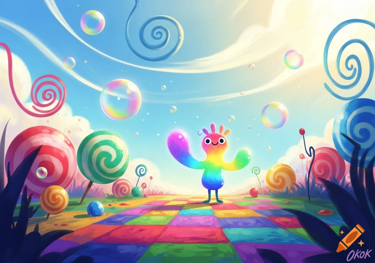 A vibrant, whimsical illustration of a rainbow-colored cartoon creature in a candy land with lollipops, bubbles, and a rainbow checkered path.