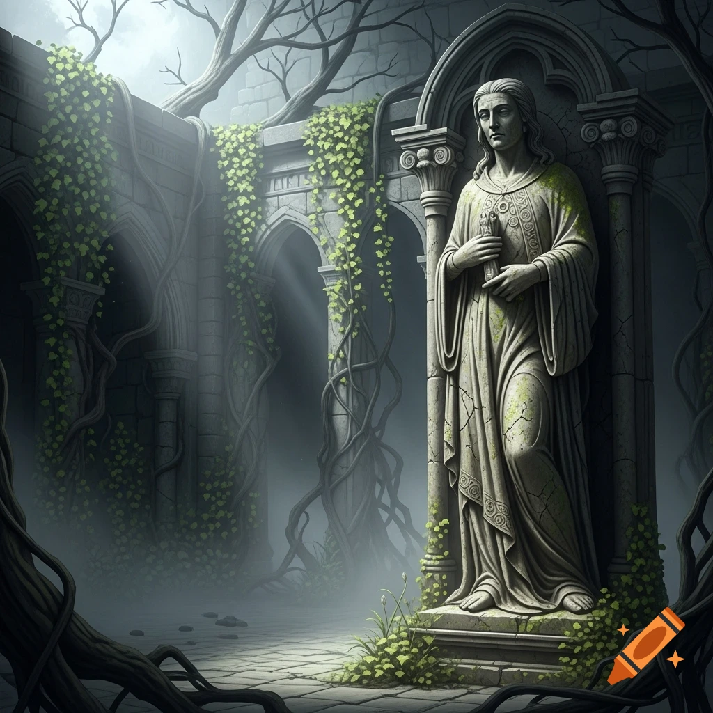 A detailed stone statue of a robed figure stands in overgrown, misty gothic ruins with ivy and bare trees.