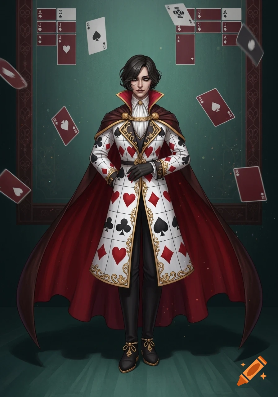 A dark-haired character in an elaborate white, red, and black coat patterned with card suits and a red cape, stands amidst floating playing cards in a stylized room.
