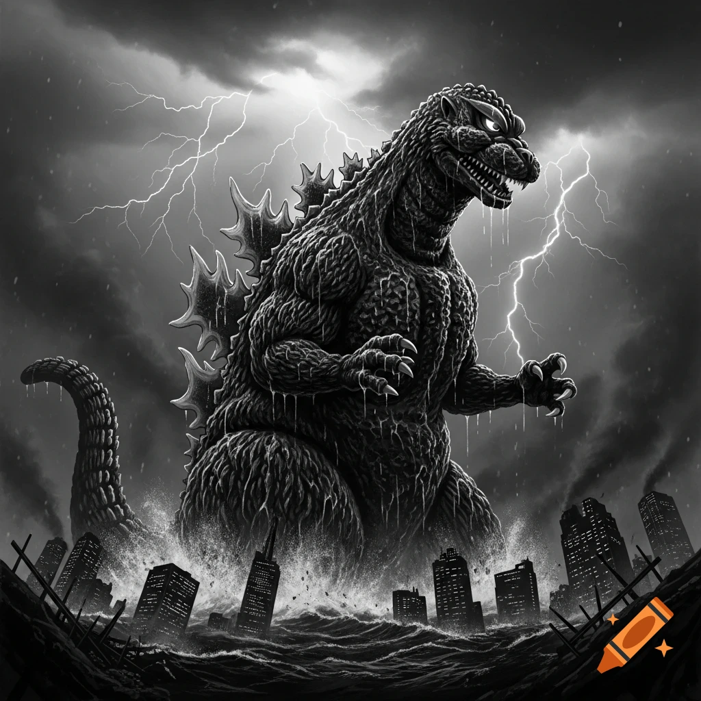 A black and white illustration of Godzilla emerging from a stormy ocean, towering over a ruined city under lightning-filled skies.
