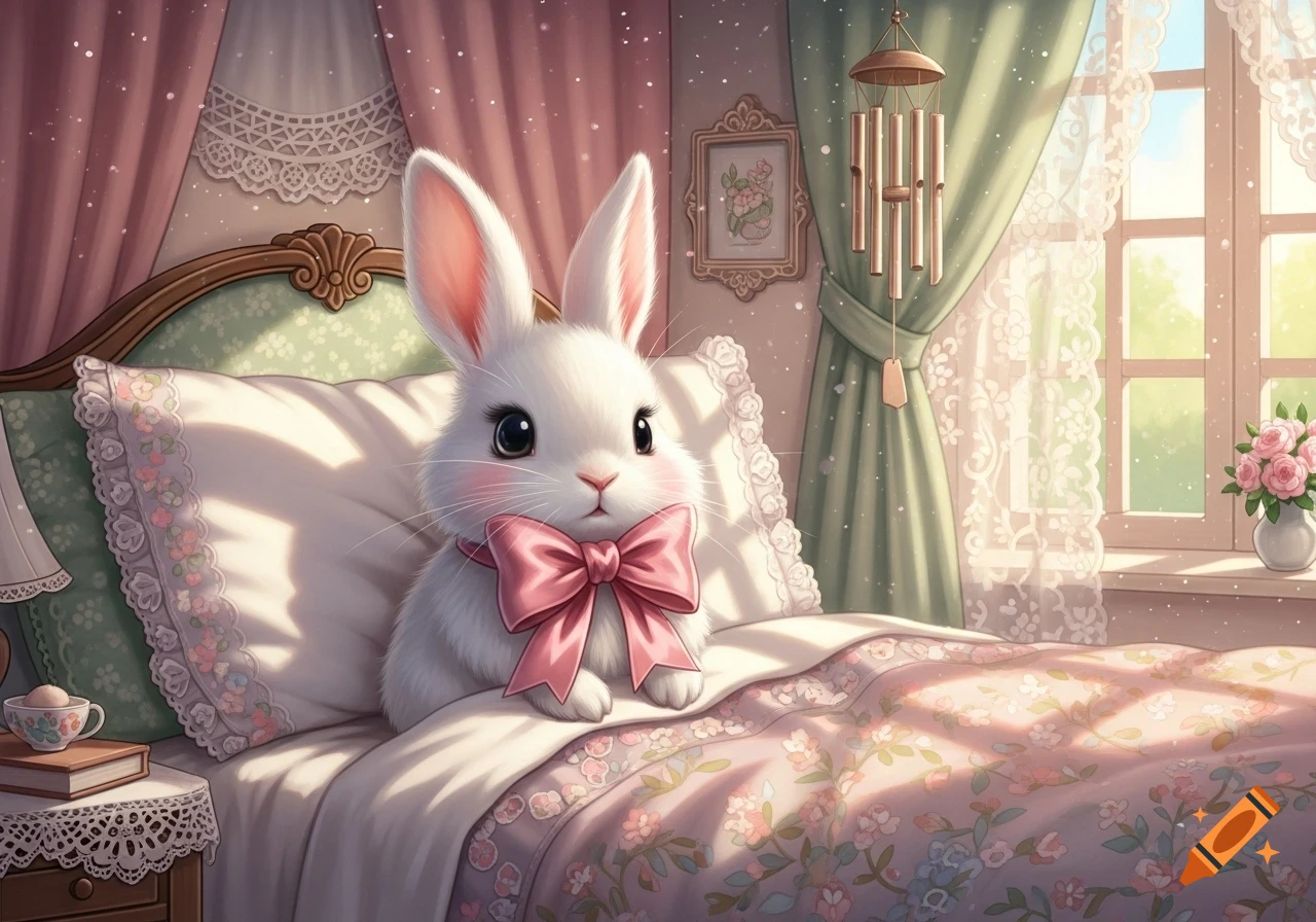A fluffy white bunny with a pink bow in a cozy, pastel-colored bed by a sunny window.
