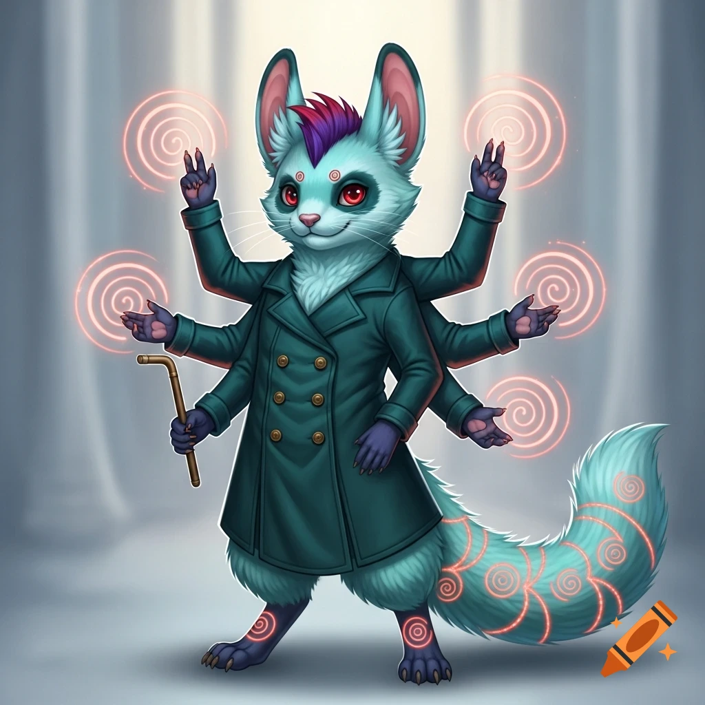 An adorable teal-turquoise mustelid-rodent hybrid with a red mohawk and six arms, wearing a teal double-breasted coat and holding a cane, with glowing red spirals on its tail and around its hands.