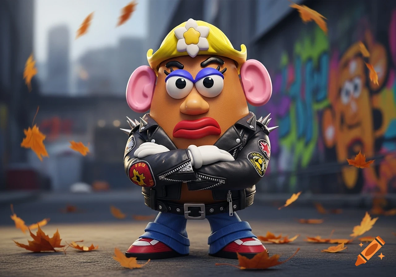 Mrs. Potato Head in a punk rock outfit, black leather jacket, jeans, and sneakers, stands with arms crossed in an urban street with falling autumn leaves.