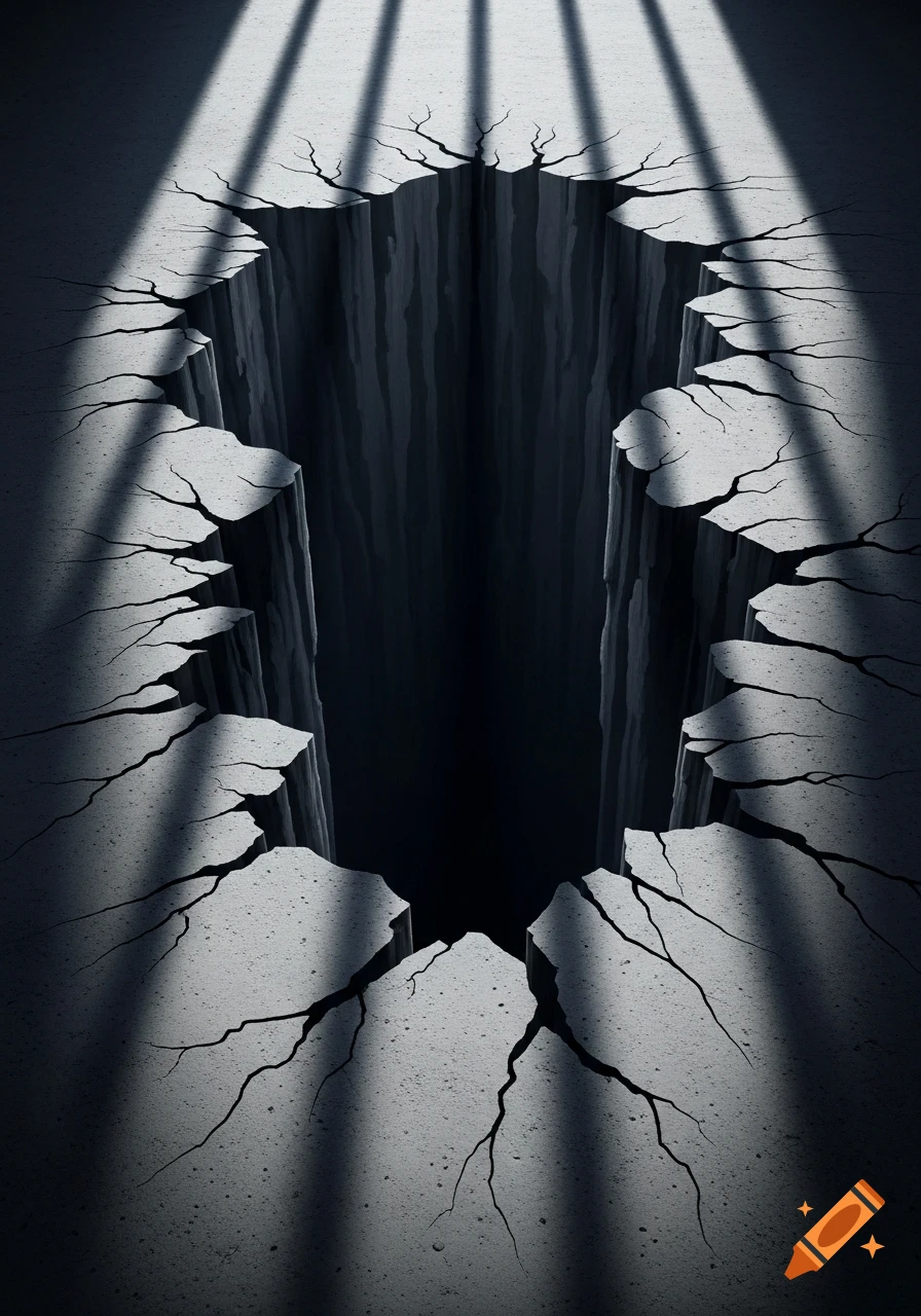 A deep, dark hole in a cracked concrete floor with strong shadows, creating a trompe l'oeil optical illusion.
