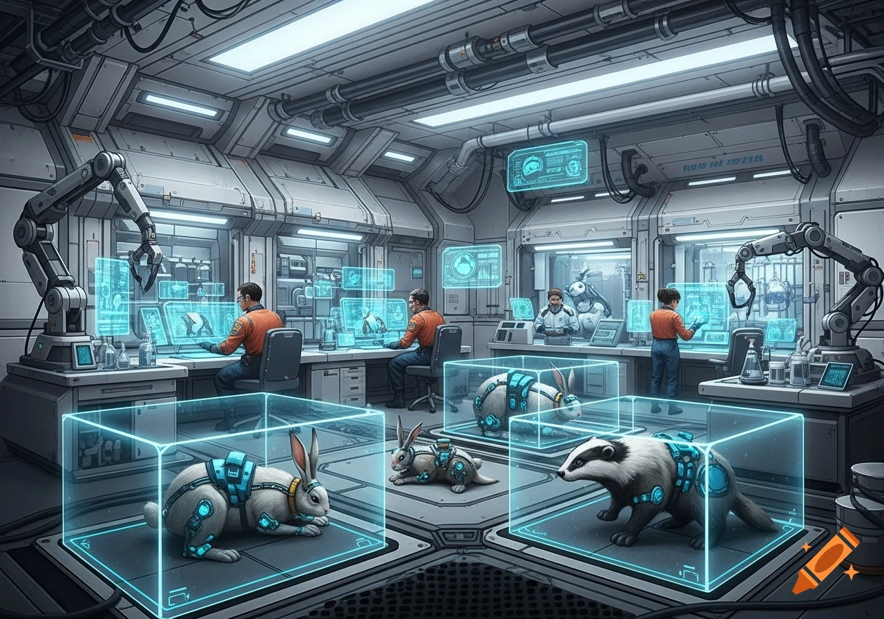 Sci-fi digital painting of a high-tech laboratory where scientists study cybernetically augmented rabbits and a badger in glowing containment fields.