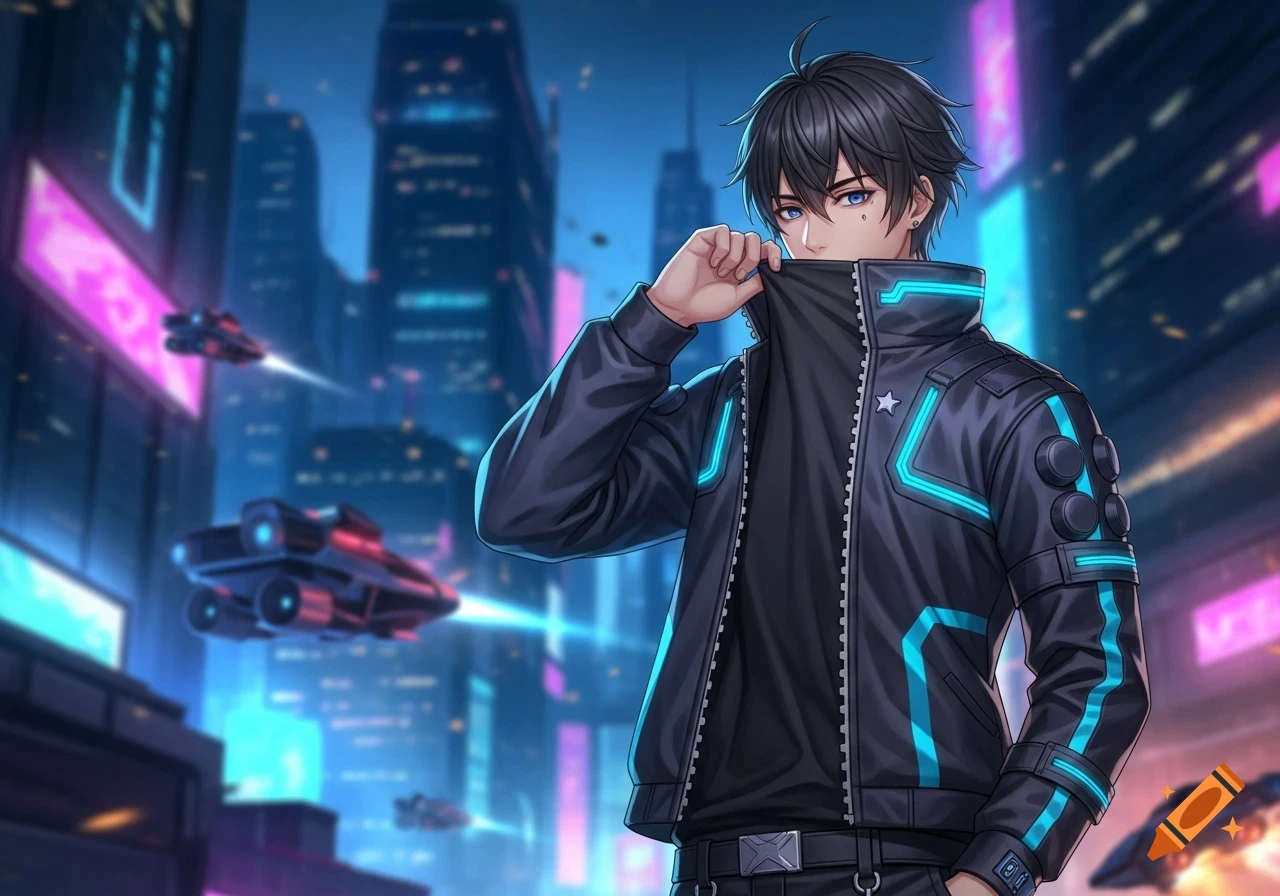 Anime-realistic male character holding his jacket collar in a neon-lit futuristic city background.