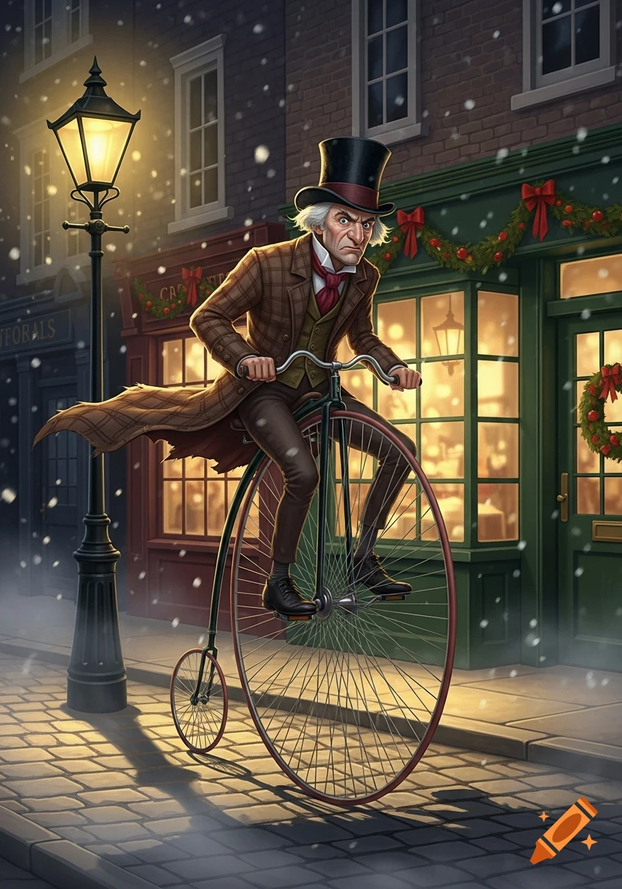 A grumpy man in a top hat rides a penny-farthing bicycle down a snowy cobblestone street lined with Christmas-decorated shops. Illustration.