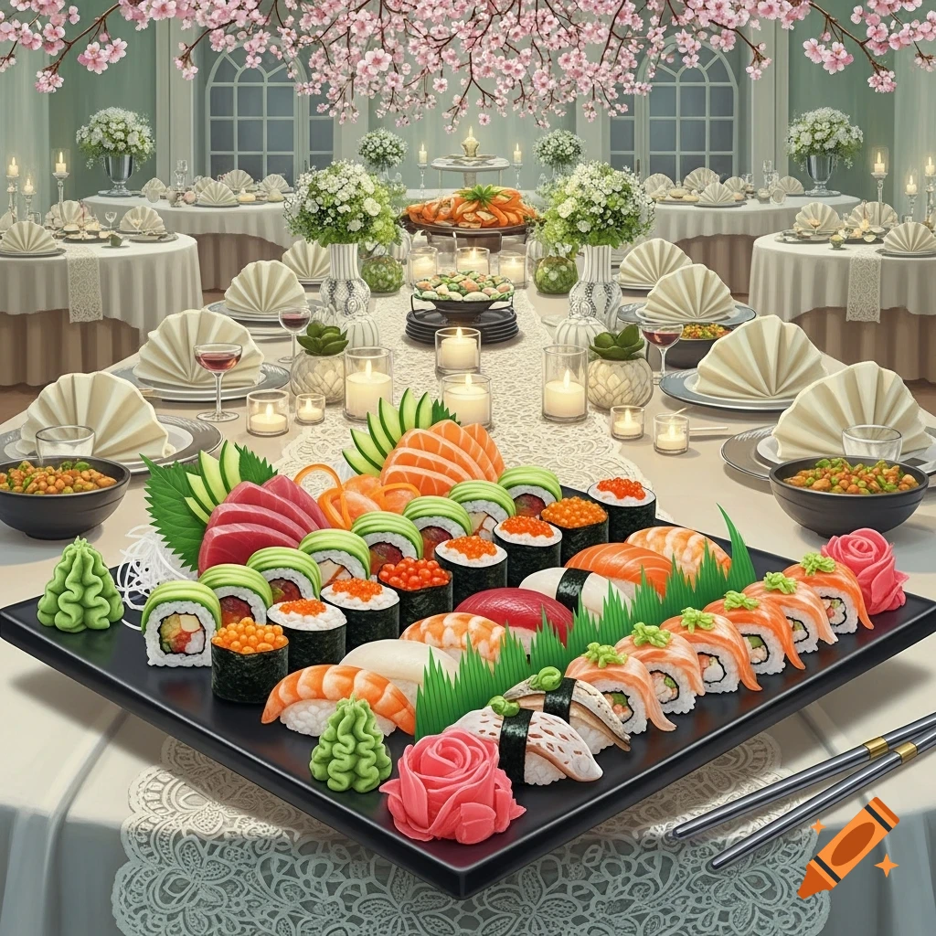 An elaborate, photorealistic sushi and sashimi platter set on a white lace tablecloth at a festive buffet table with cherry blossoms overhead.