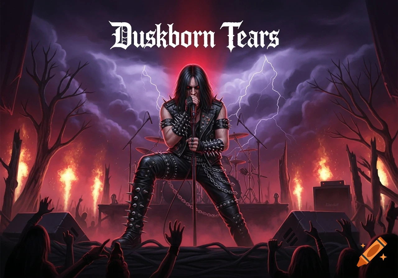 Heavy metal singer from 'Duskborn Tears' performs on a fiery stage under a stormy sky with lightning, in an illustrative style.