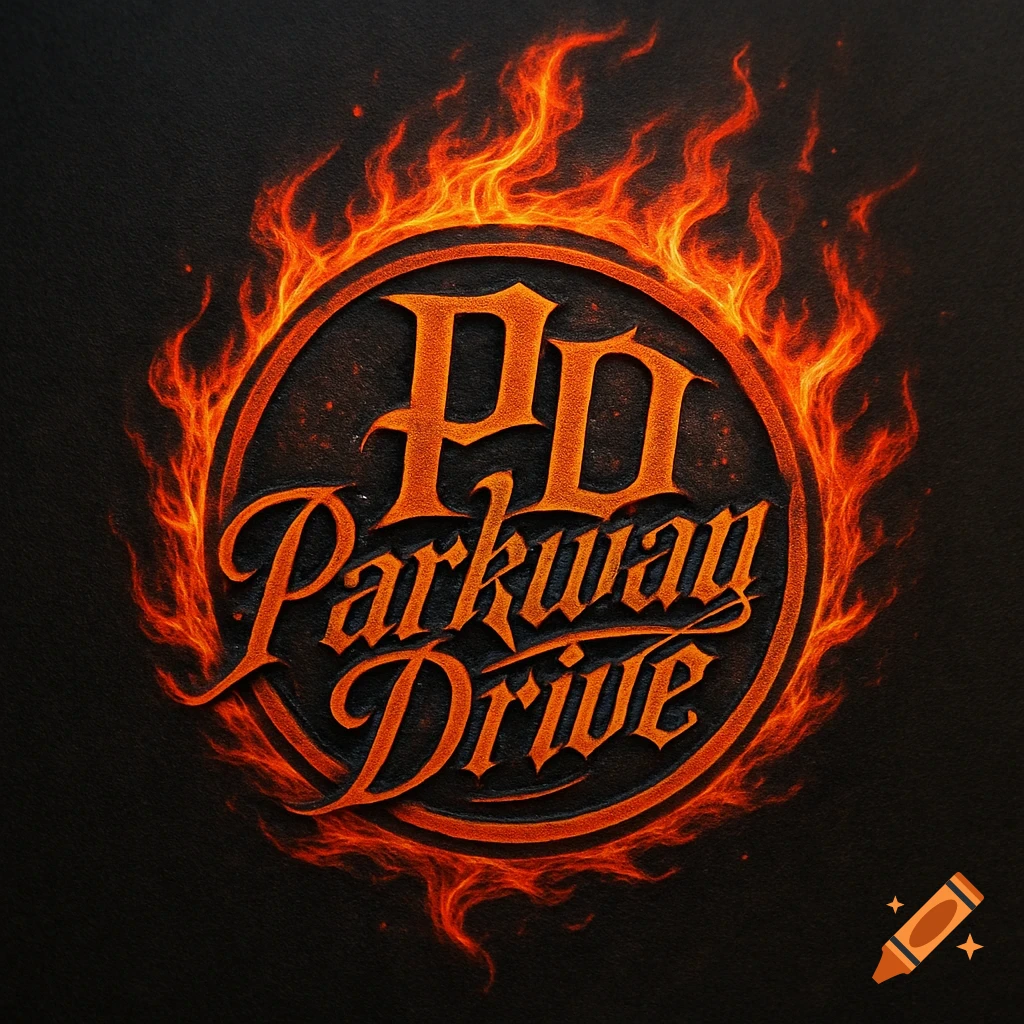 A round, metallic-looking "Parkway Drive" logo with "PD" above it, surrounded by vibrant orange flames on a dark background, in a tattoo template style.