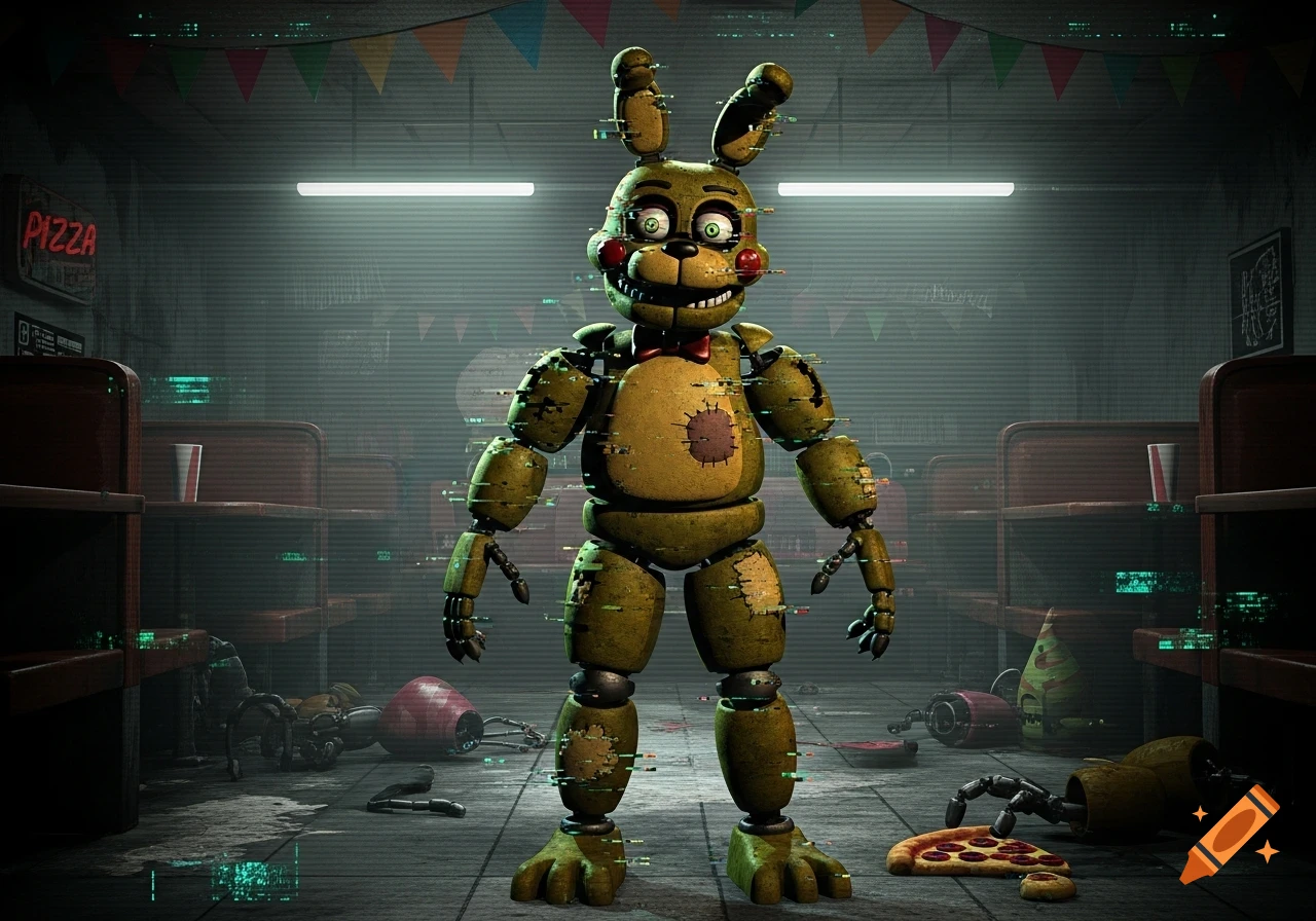A worn-out animatronic rabbit with a glitch effect stands in a dark, messy pizza restaurant with fallen animatronic parts.