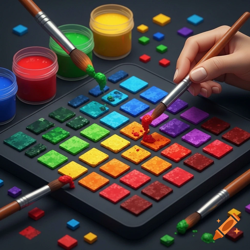 Close-up of hands painting vibrant red, green, and blue onto a grid of square color swatches, surrounded by paint pots and brushes.