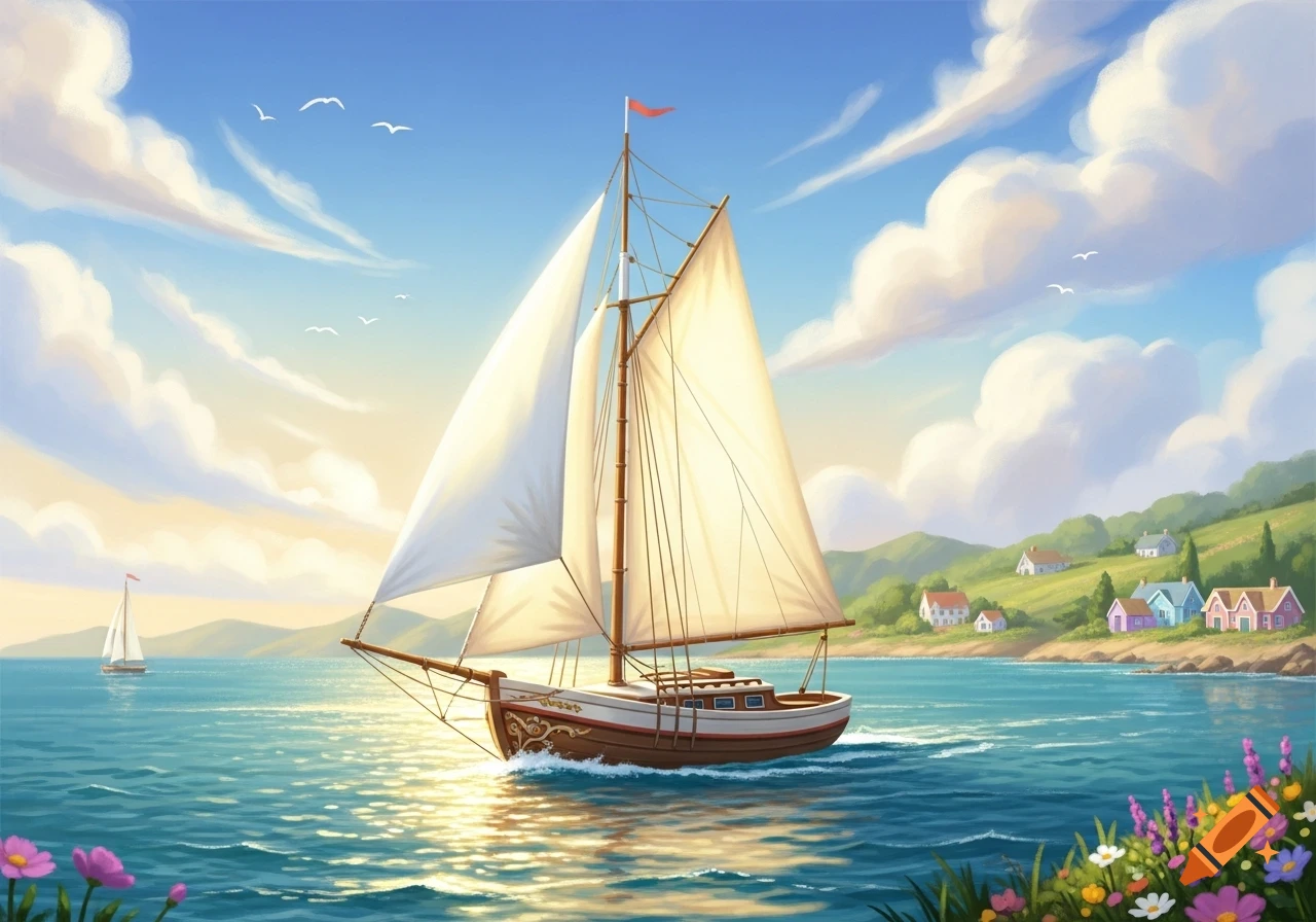 An illustrated sailboat glides on sparkling blue water past a vibrant coastal village and green hills under a sunny sky.