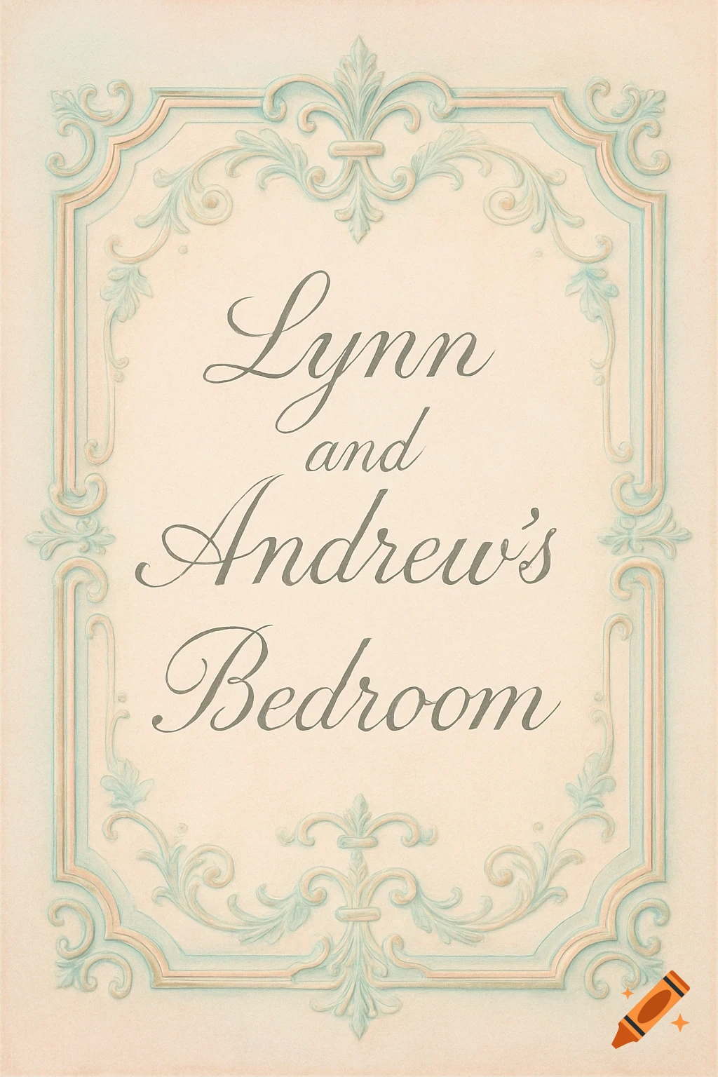 An A5 Parisian-style door sign with an ornate pastel border. The sign reads "Lynn and Andrew's Bedroom" in elegant script.