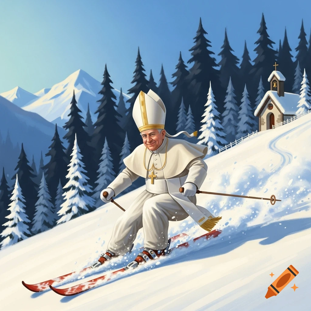 An illustration depicts a smiling Pope in white vestments and a mitre, skiing down a snowy mountain slope with evergreen trees and a small church in the background.