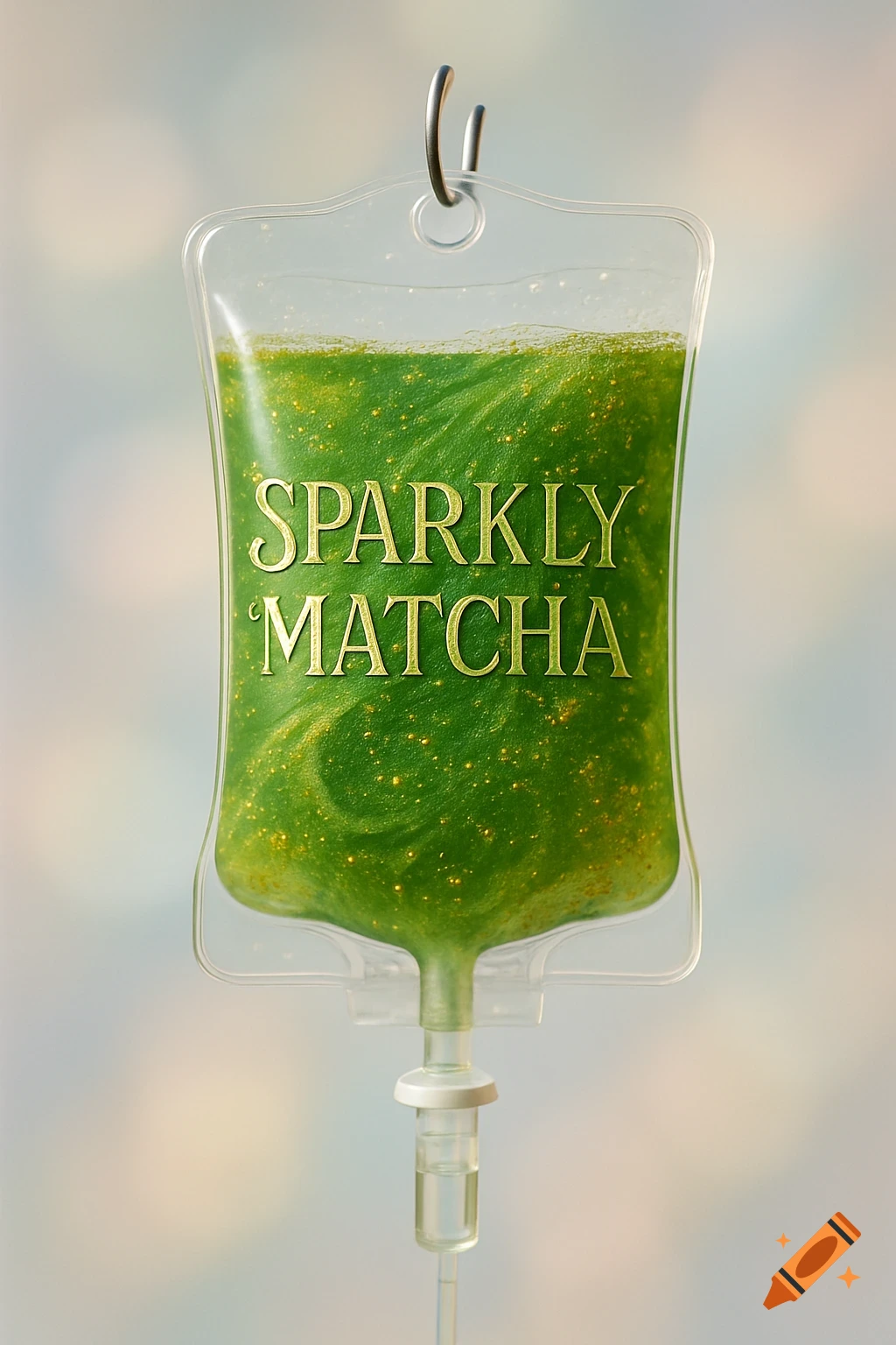 A photorealistic image of an IV drip bag filled with sparkling green matcha tea, with the text "SPARKLY MATCHA" on it.