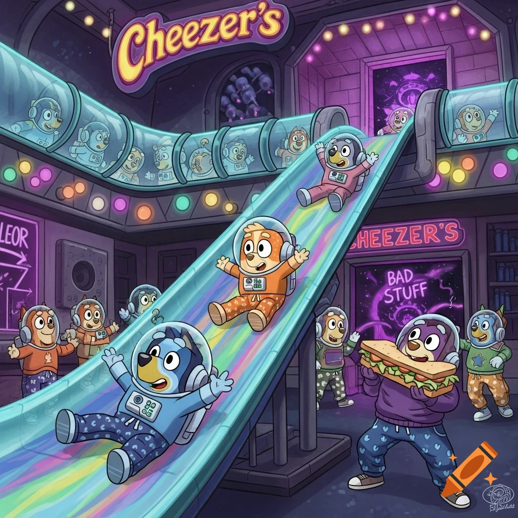 Cartoon dogs in astronaut suits slide down a rainbow slide in a neon-lit, space-themed play area called Cheezer's. One dog holds a large sandwich.