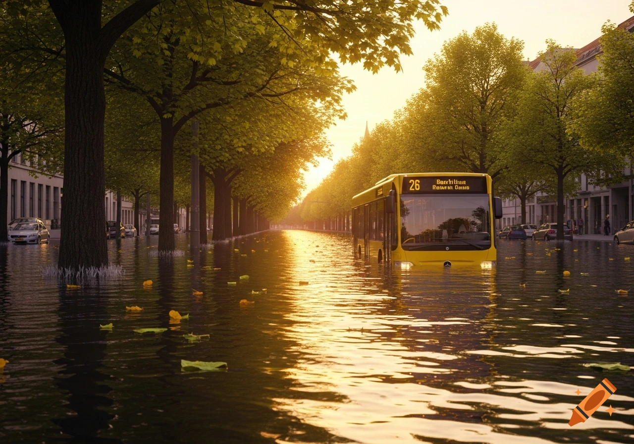 A yellow bus drives through a flooded city street lined with trees under a warm, sunny sky, with reflections on the water.