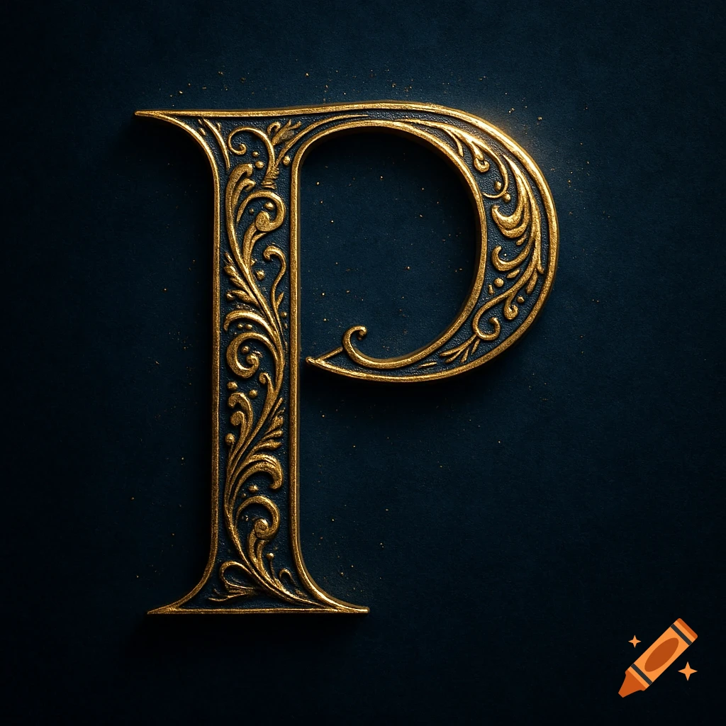 Ornate golden letter P with intricate scrollwork and floral patterns on a dark blue background with subtle gold flecks.