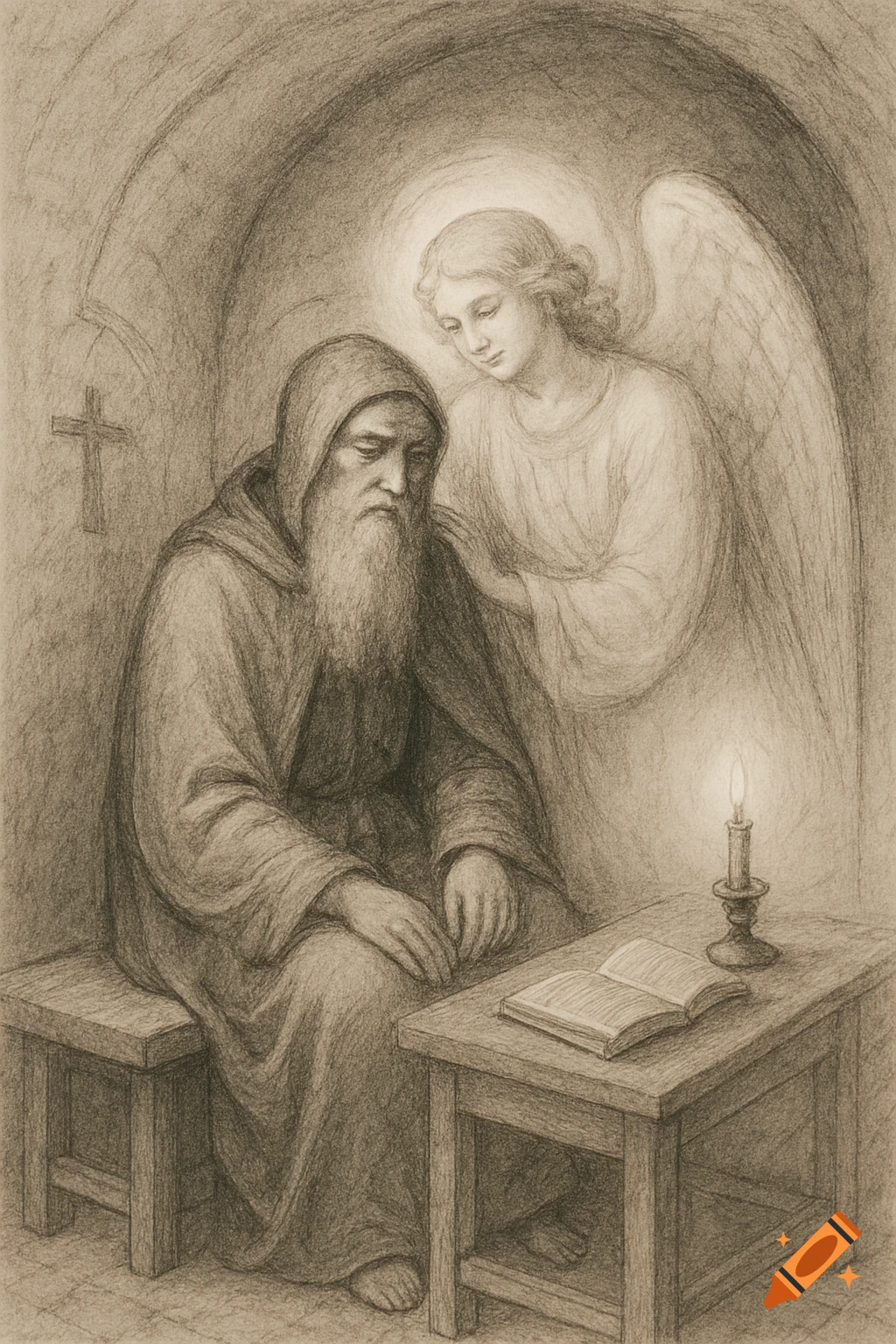 Charcoal drawing of a contemplative old monk in a cell, with an angel gently leaning over him and a candlelit book on a table.
