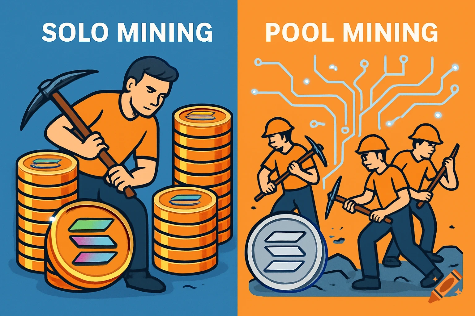 A cartoon graphic contrasting Solo Mining and Pool Mining. A man mines alone with Solana coins on the left, while multiple men mine shared Solana coins with a circuit board background on the right.