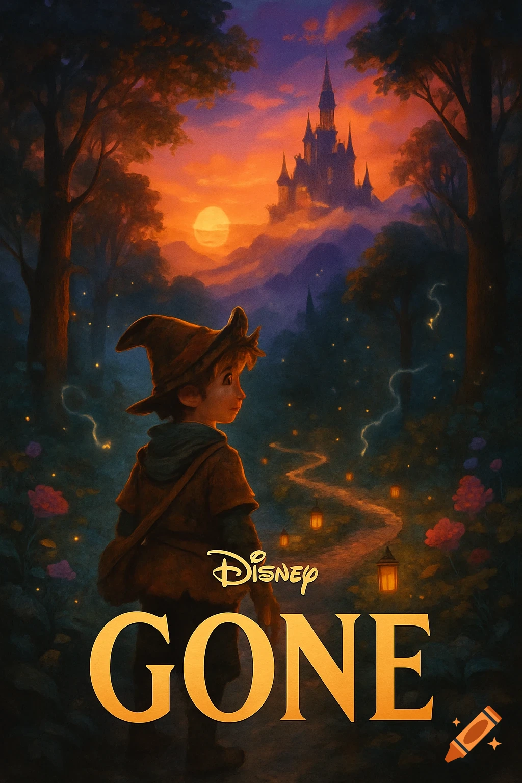 A Disney movie poster features a child on a glowing forest path gazing at a castle during sunset, with the title "GONE".