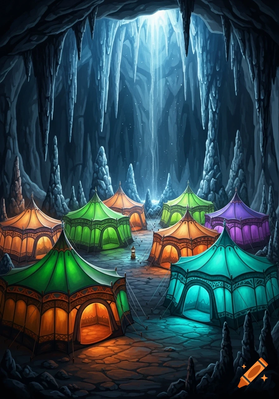 Vibrant, colorful tents illuminated inside a dark, stalactite-filled fantasy cave with a beam of light from above.