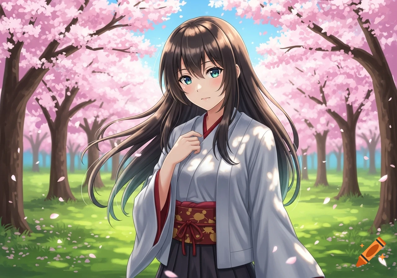 Anime girl with long brown hair and blue eyes, wearing a white kimono and red obi, standing under pink cherry blossom trees.