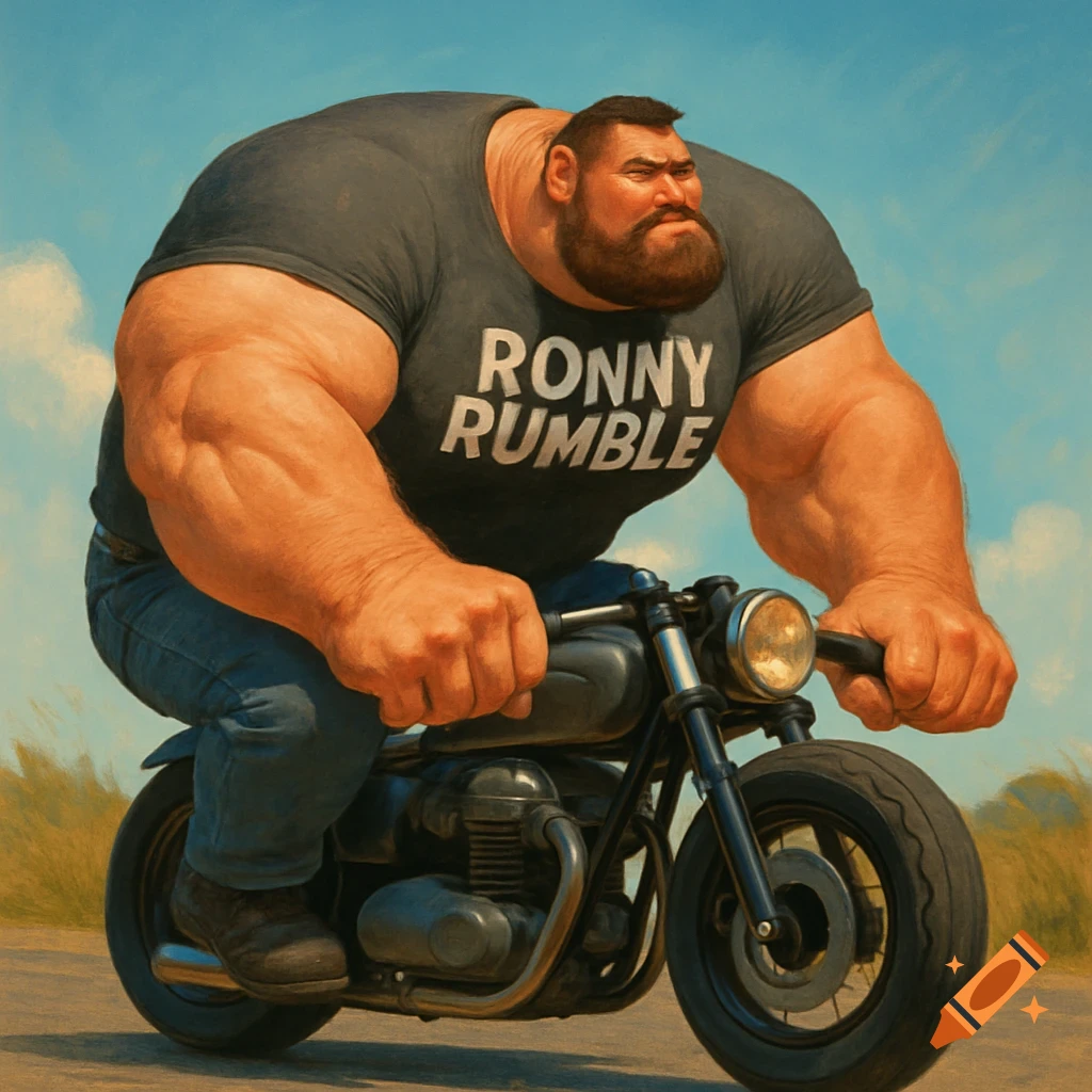 Exaggerated cartoon of a huge, muscular man with a beard riding a small bobber-style motorcycle on a road under a blue sky. His t-shirt reads 'RONNY RUMBLE'.