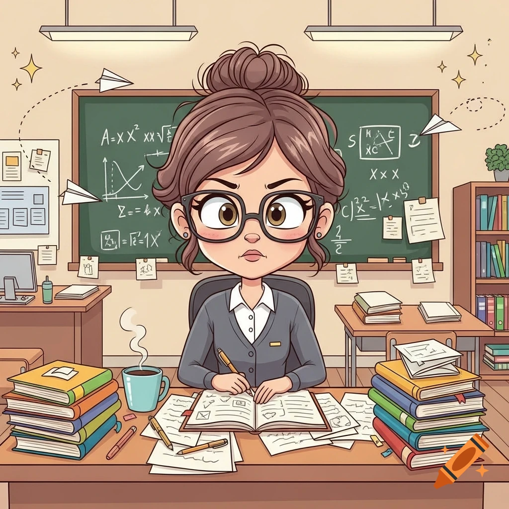 A stressed cartoon teacher with glasses sits at a desk covered in books and papers, writing in a notebook in a classroom.