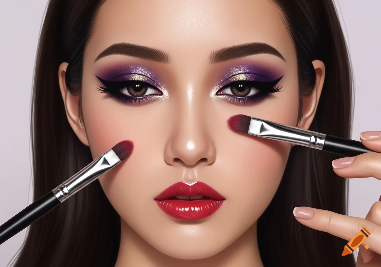 Close-up digital art of a woman with dark hair getting glam makeup applied, featuring sparkling purple eyeshadow and red lipstick, with two brushes near her cheeks.