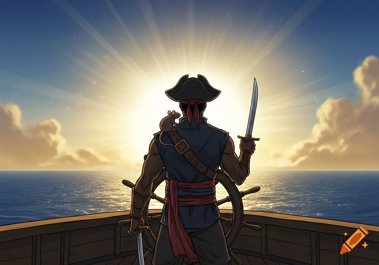 2D comic style art of a Black pirate at a ship's wheel with a rat, looking at a radiant ocean sunrise.