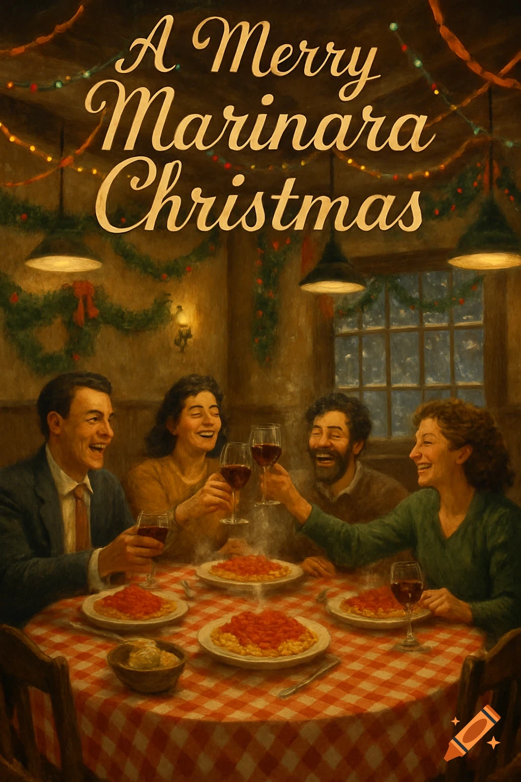 A painterly illustration of four friends toasting with wine and eating pasta with marinara sauce at a festive Christmas dinner in an Italian restaurant.