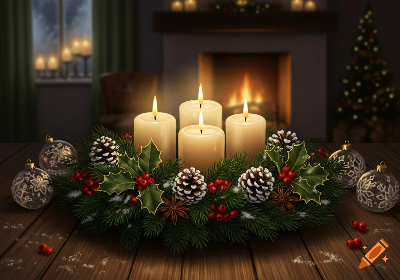An Advent wreath with four lit candles, holly, red berries, pinecones, and ornaments on a wooden table, with a fireplace and Christmas tree in the background.